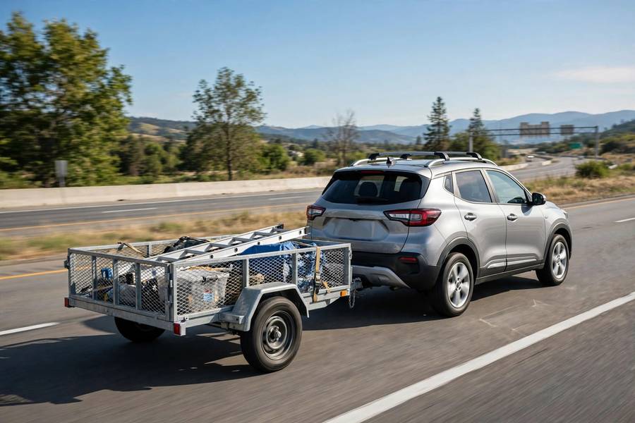 Small SUV towing a lightweight utility trailer on a highway