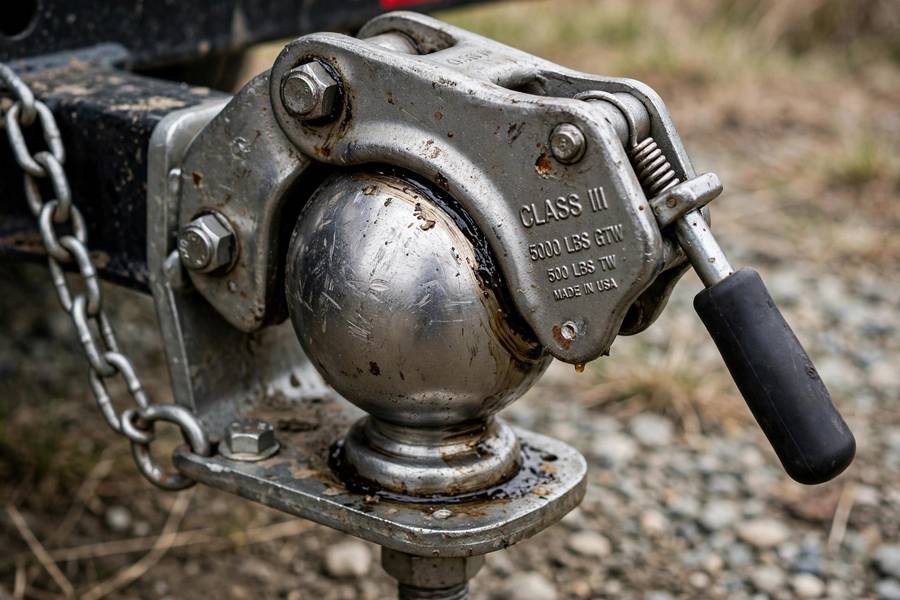 Close-up of a trailer hitch and tow ball connection