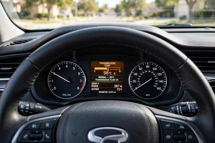 Dashboard showing transmission temperature gauge from the driver's view