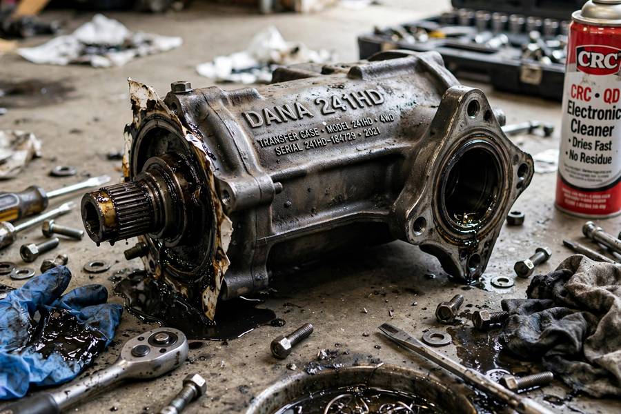 Damaged transfer case removed for repair after 4WD misuse on dry pavement