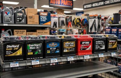 New batteries on a store shelf showing car battery replacement cost options
