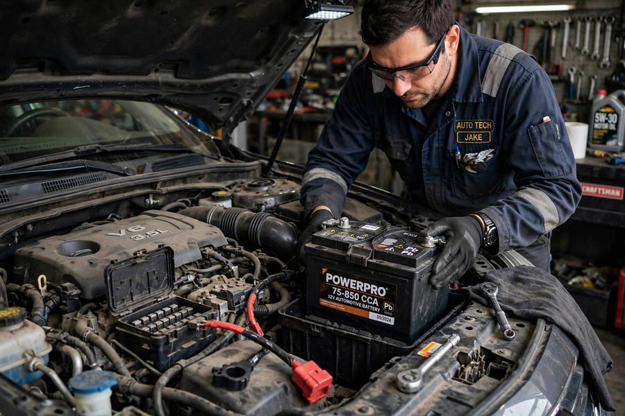 Mechanic installing a replacement battery, part of car battery replacement cost