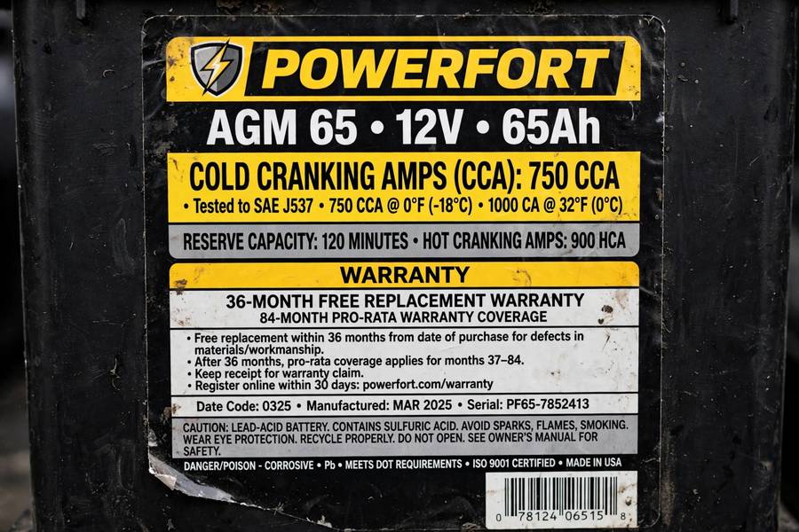 Battery label showing specs that affect car battery replacement cost