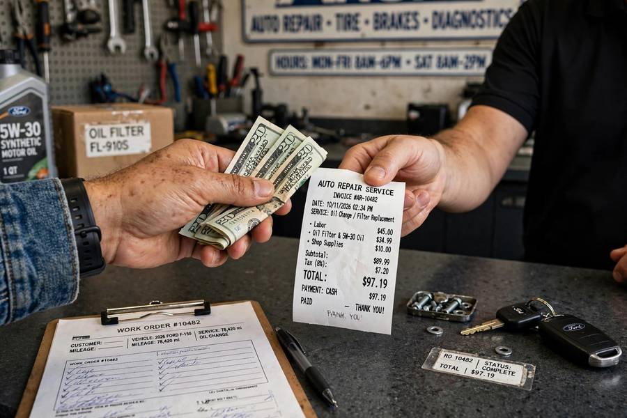Paying for service at a repair counter for car battery replacement cost