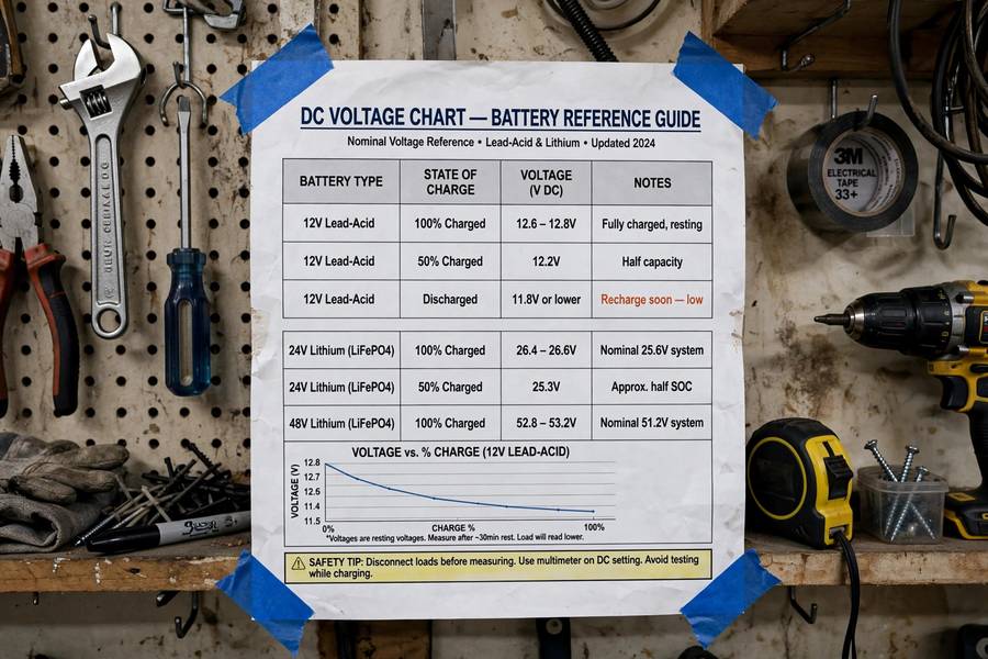 Car battery voltage chart posted on a garage wall for reference