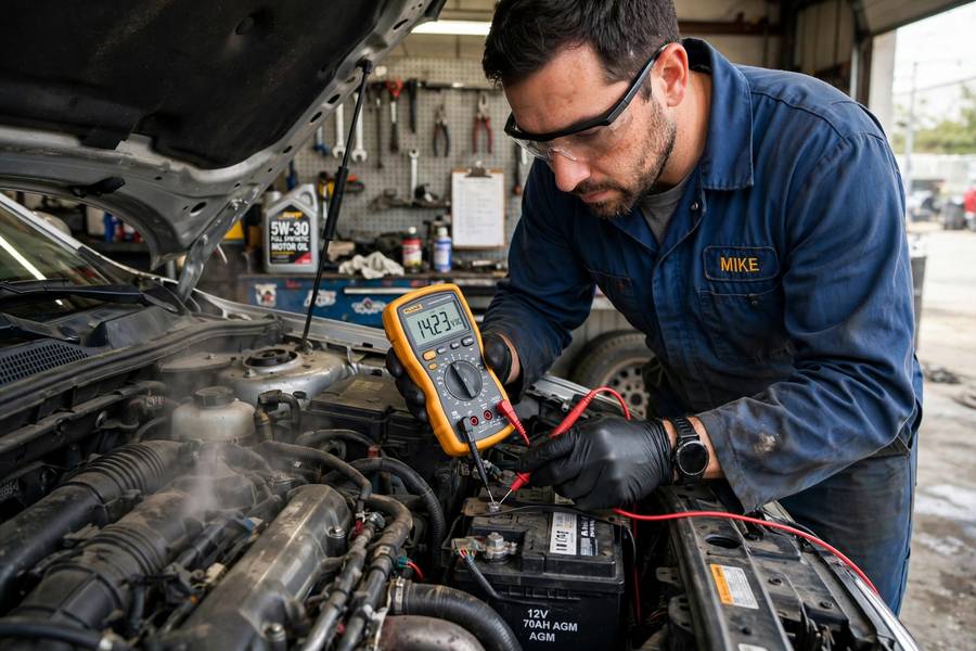 Mechanic verifying charging voltage per the car battery voltage chart
