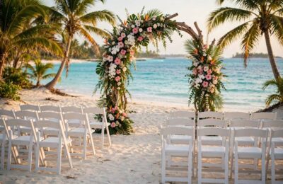 Caribbean destination wedding ceremony setup with floral arch on a tropical beach