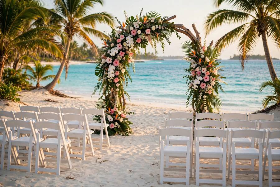 Caribbean destination wedding ceremony setup with floral arch on a tropical beach
