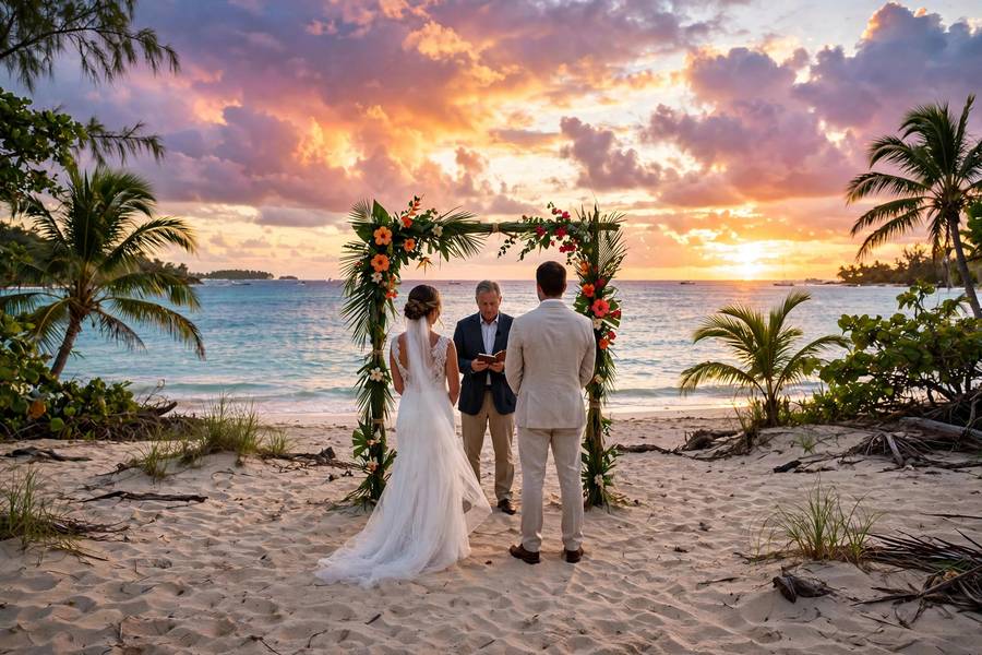 Couple exchanging vows at a Caribbean destination wedding at sunset