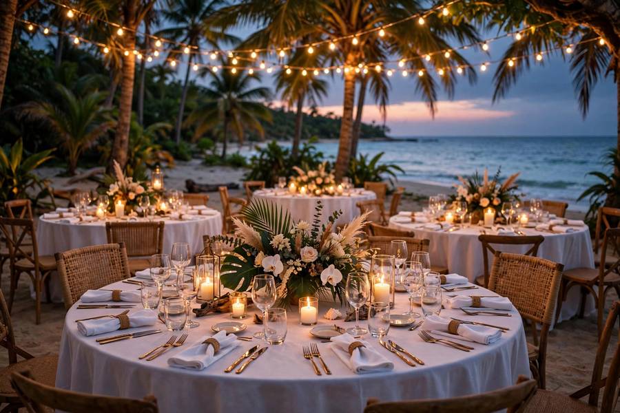 Caribbean destination wedding reception on the beach at dusk with string lights