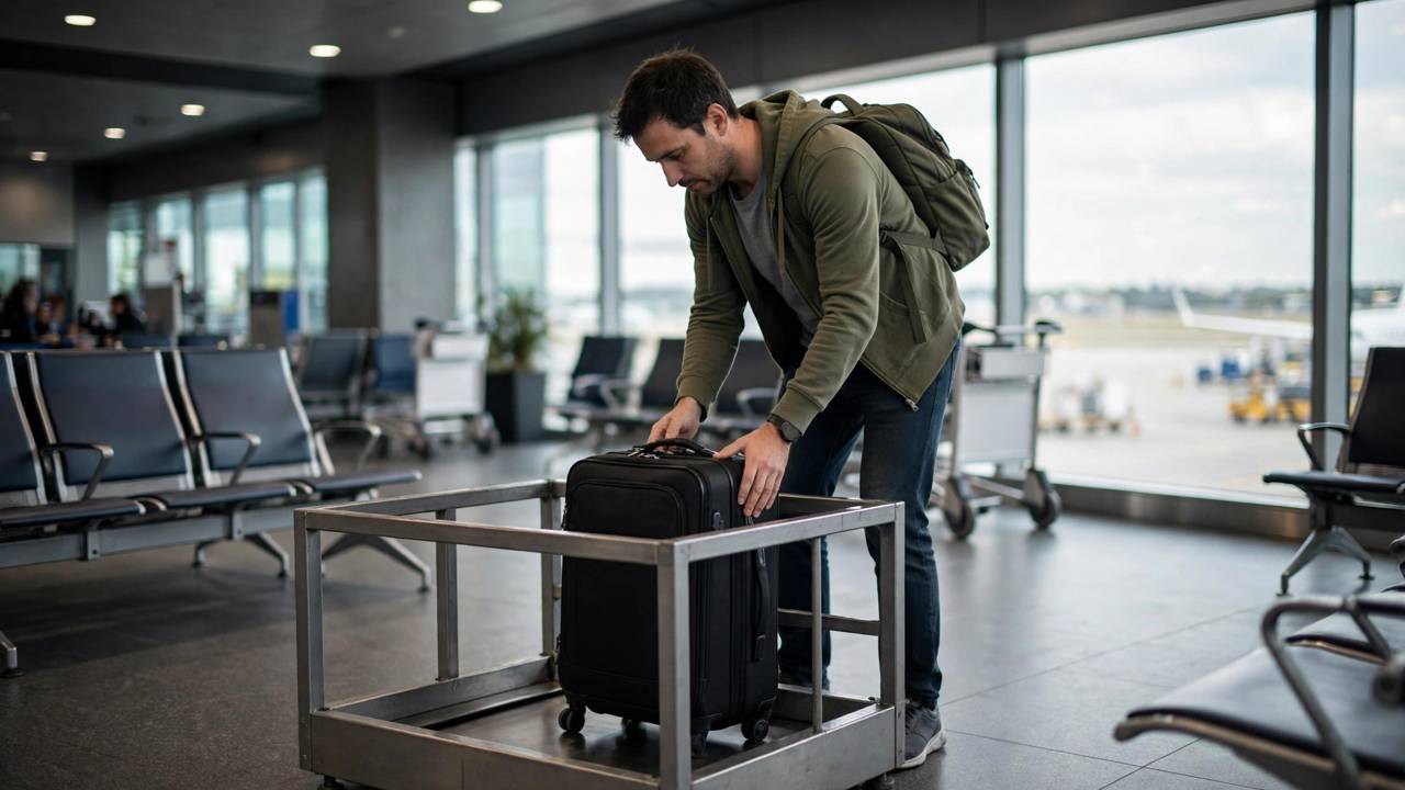 Traveler in modest casual clothing fitting a carry-on suitcase into an airline baggage sizer at the gate