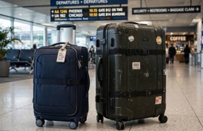 Carry-on suitcase next to a large checked suitcase in an airport
