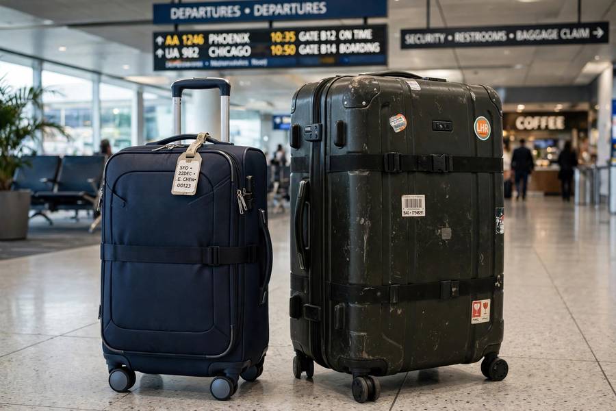 Carry-on suitcase next to a large checked suitcase in an airport