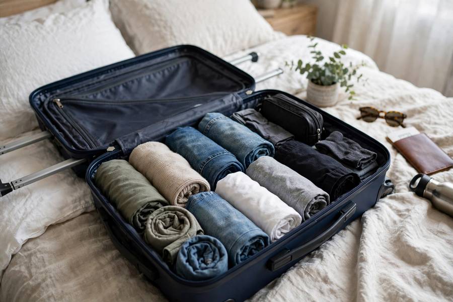 Neatly packed carry-on bag with rolled clothes on a bed