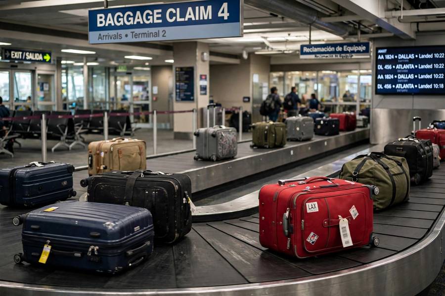 Luggage carousel with suitcases at baggage claim