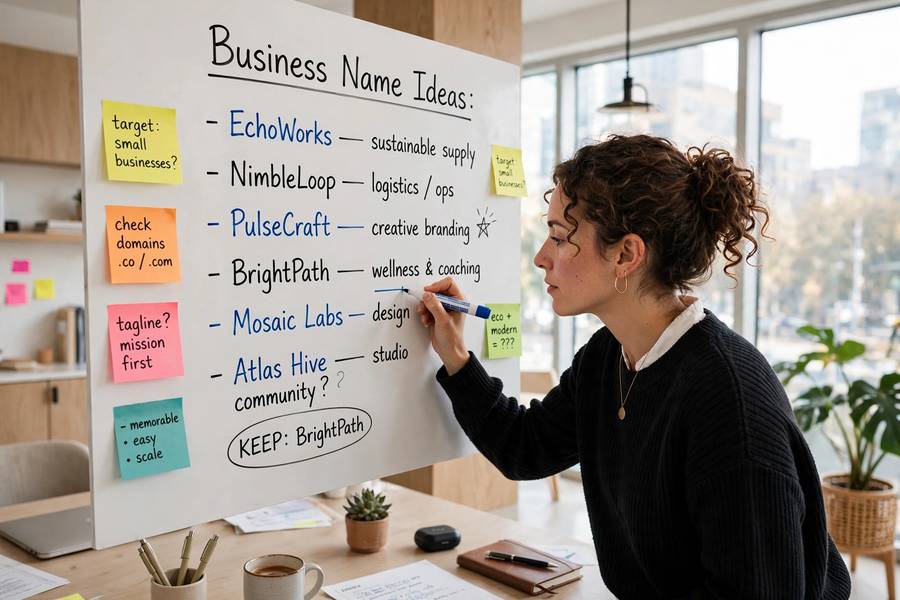 Brainstorming session for catchy business name ideas list on whiteboard