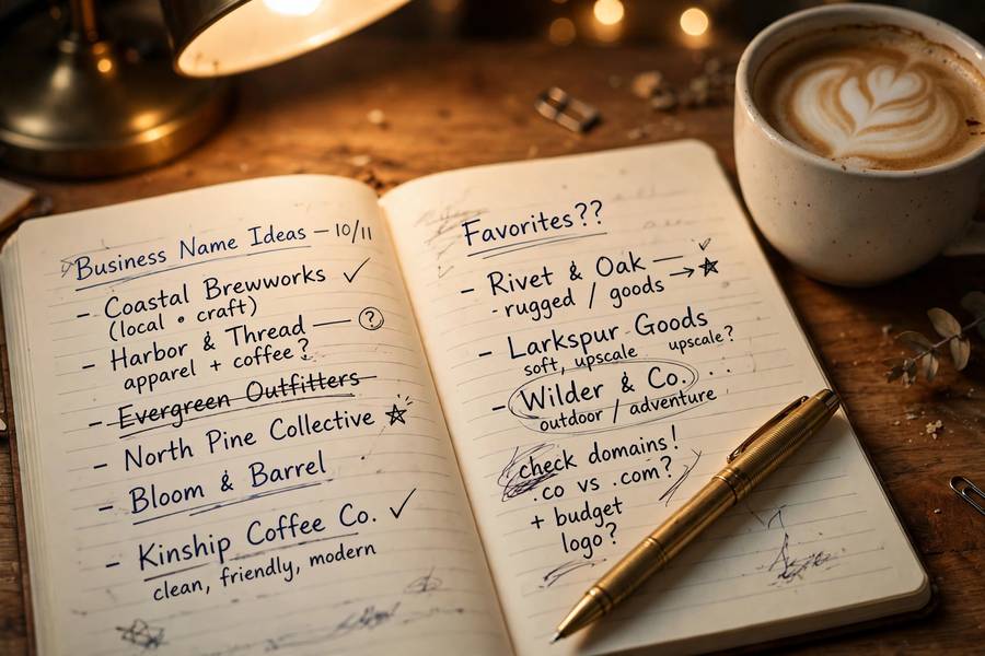 Notebook of catchy business name ideas list being drafted