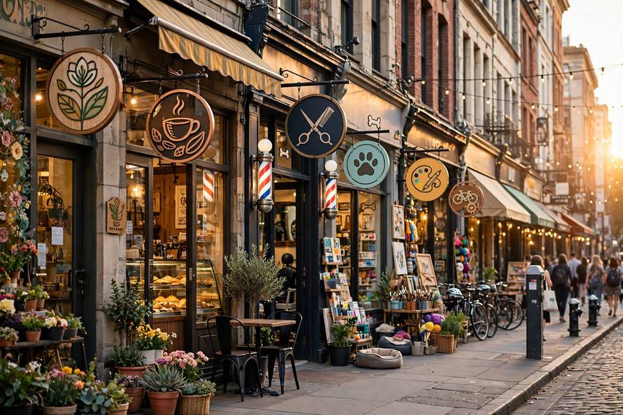 Creative storefront signs showing catchy business name ideas list in action