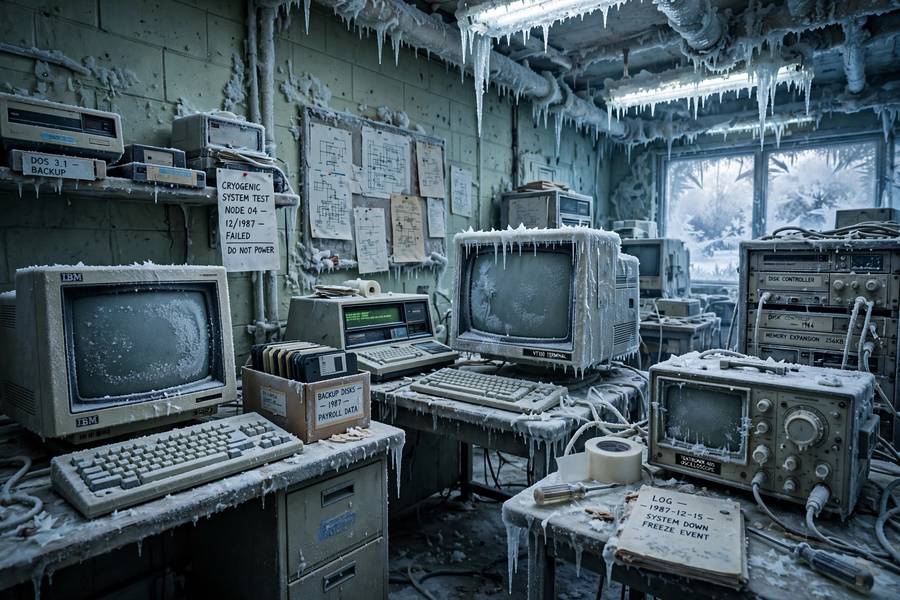 Conceptual frozen laboratory representing the causes of AI winter freezing research funding