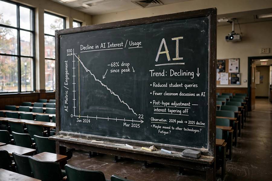 Declining funding graph illustrating the causes of AI winter in an empty lecture hall