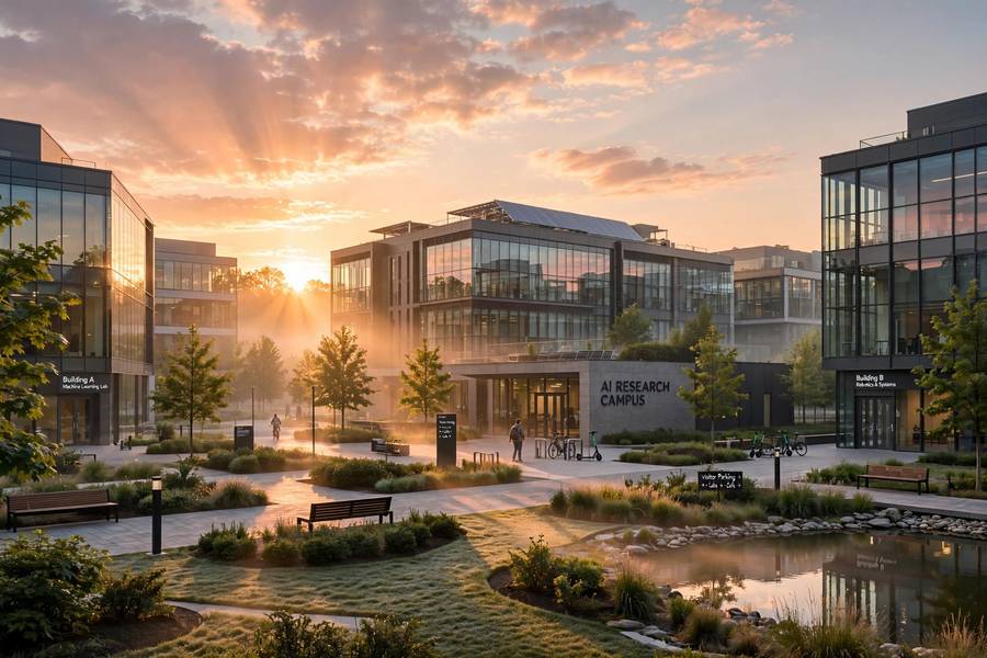 Sunrise over a modern AI campus symbolizing the thaw after the AI winter