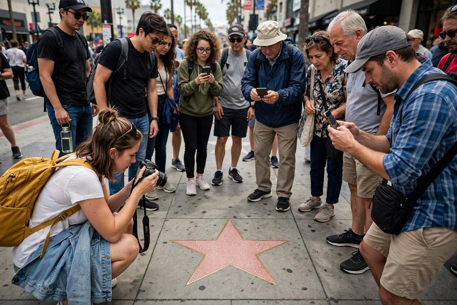 A Walk of Fame star on Hollywood Boulevard surrounded by a crowd