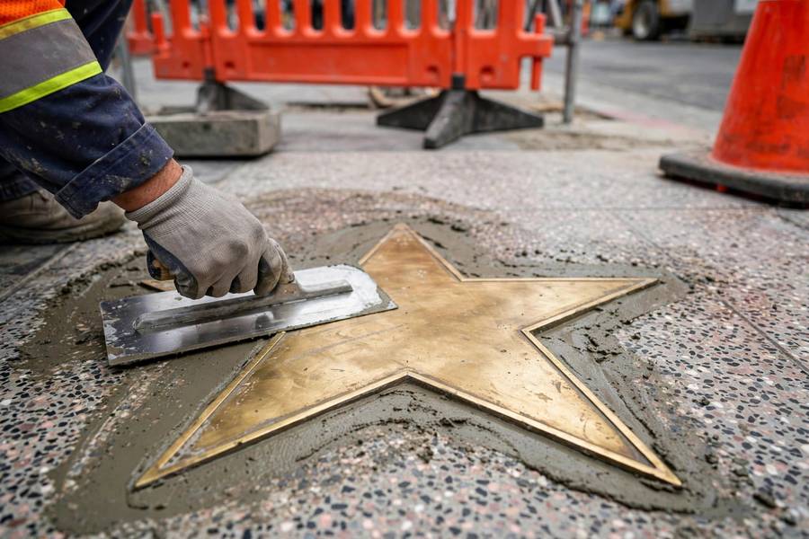 Close-up of repair work on a vandalized Hollywood star