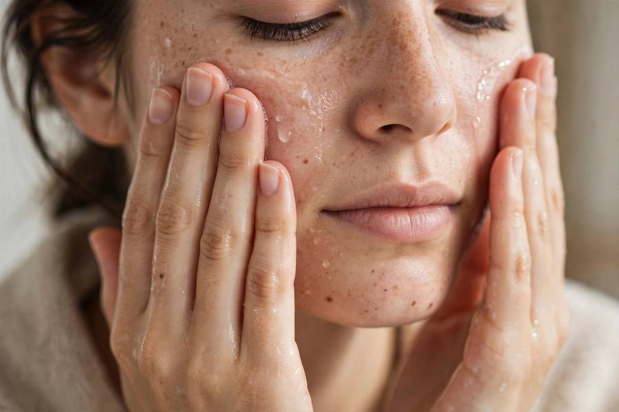 Hands pressing hydrating toner essence into face with palms, close-up skincare application, soft natural light, photorealistic