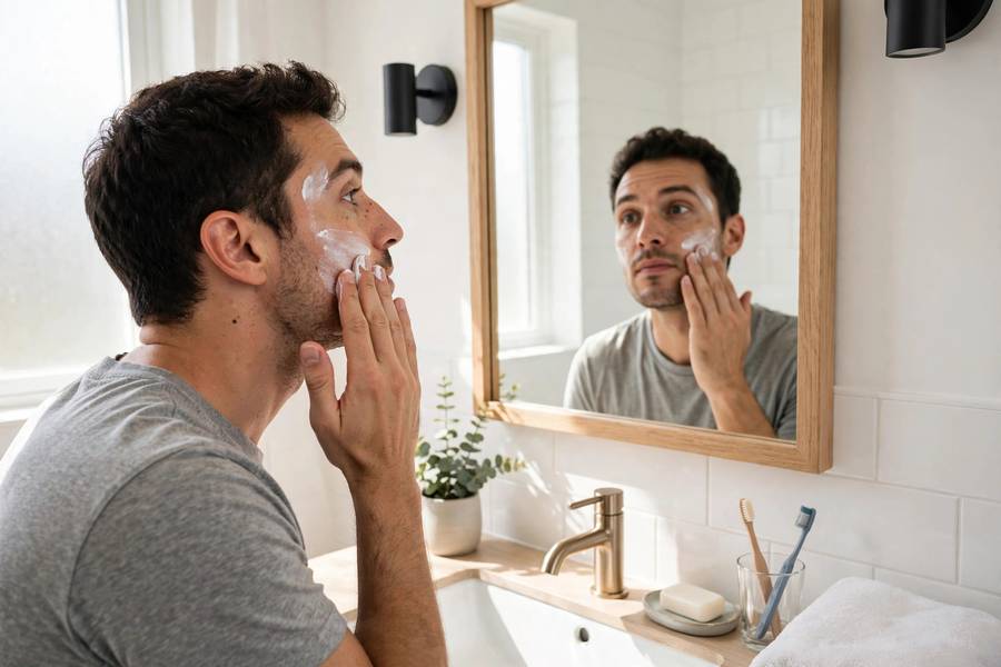 Person applying sunscreen to face in front of mirror, morning routine, bright clean bathroom, photorealistic