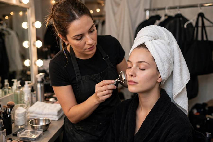 Makeup artist prepping model skin backstage with cool jade roller, professional setting, photorealistic