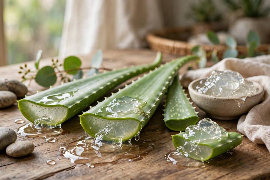 Fresh aloe vera leaves with gel on wooden table, natural spa setting, soft daylight, photorealistic