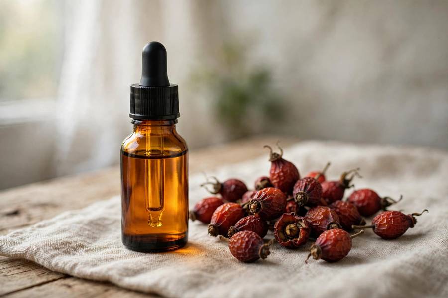 Small amber glass bottle of rosehip oil with rosehips beside it, natural beauty still life, photorealistic