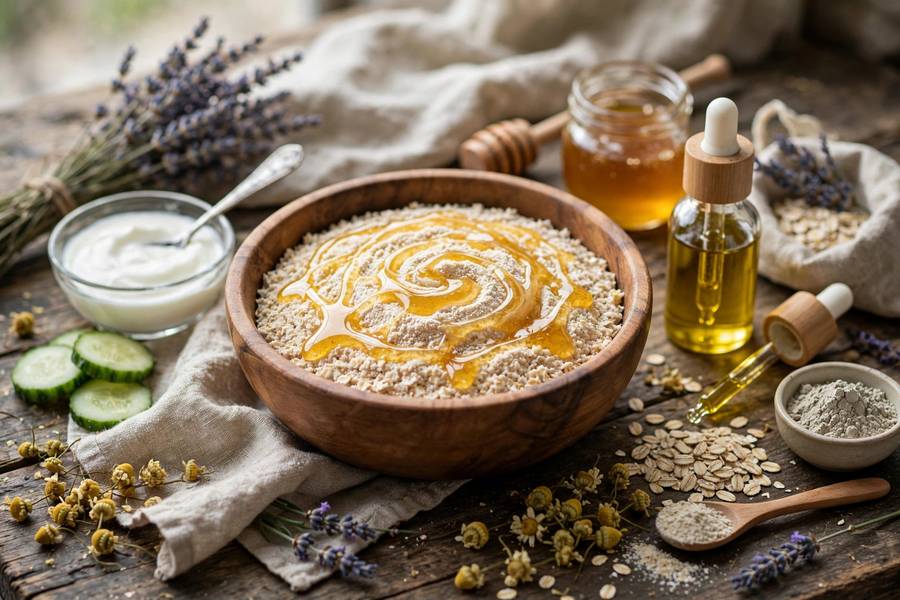 Wooden bowl of ground oatmeal with honey, DIY natural face mask ingredients, rustic table, soft light, photorealistic