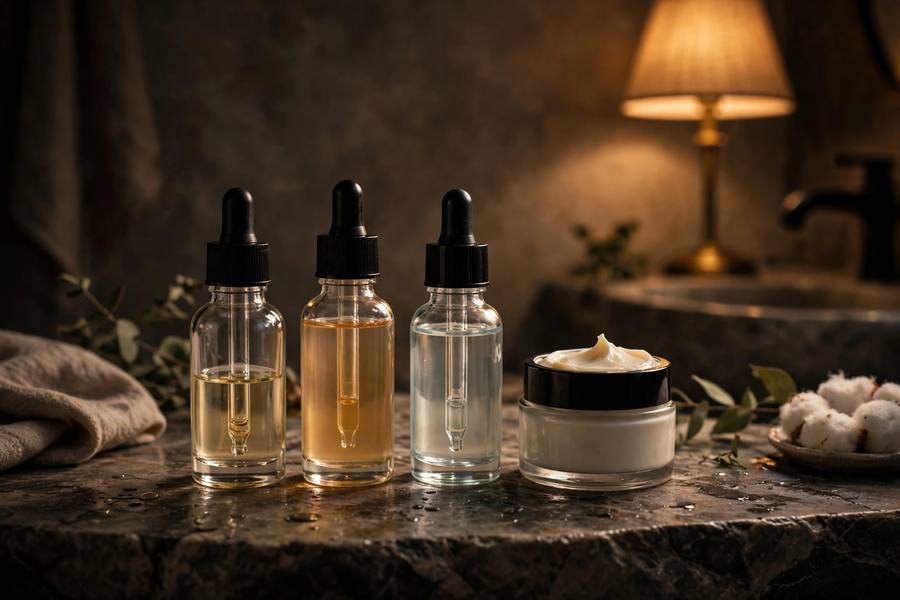 Skincare products lined up on bathroom counter at night, serums and moisturizer, moody warm light, photorealistic