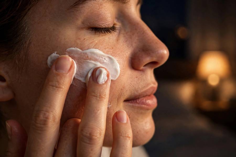 Close-up of hands applying night cream to face, nighttime skincare ritual, soft lamp light, photorealistic