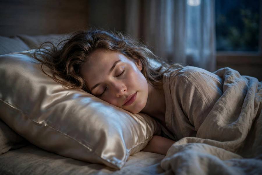 Woman sleeping on silk pillowcase, peaceful night, glowing skin, realistic photography, no text