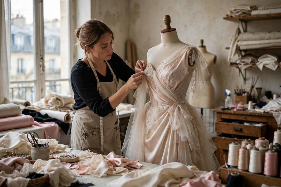 Stylist fitting a couture gown on a dress form in an atelier