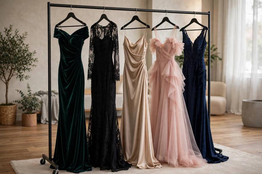 Rack of designer gowns in a fashion showroom