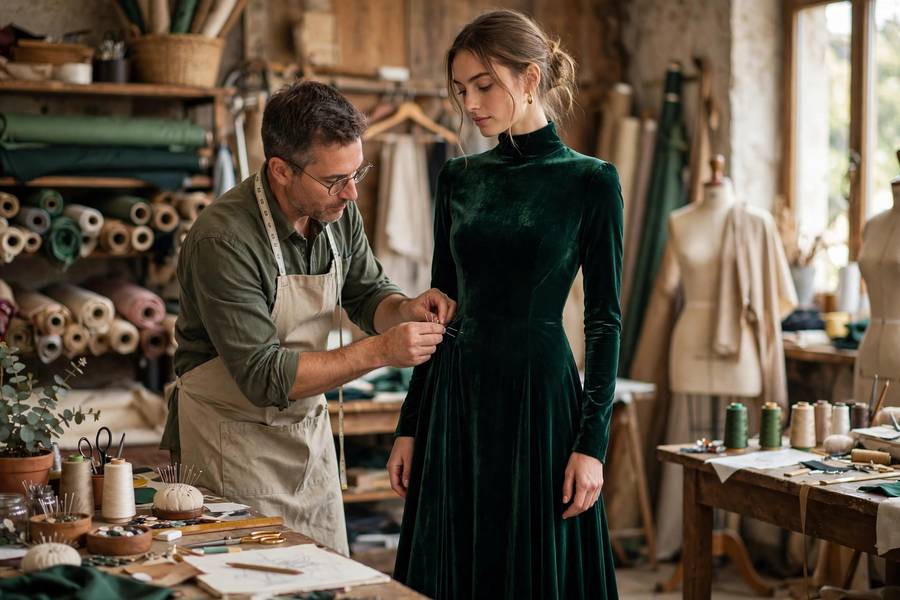 Tailor pinning alterations on an evening gown
