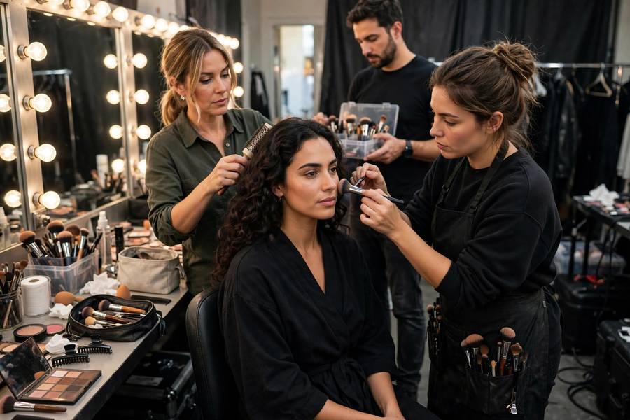 Hair and makeup team preparing a celebrity backstage
