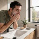 Celebrity Skin Care Routine for Men: The Simple 4-Step Version Man washing face with gentle cleanser in modern bathroom, morning light, photorealistic