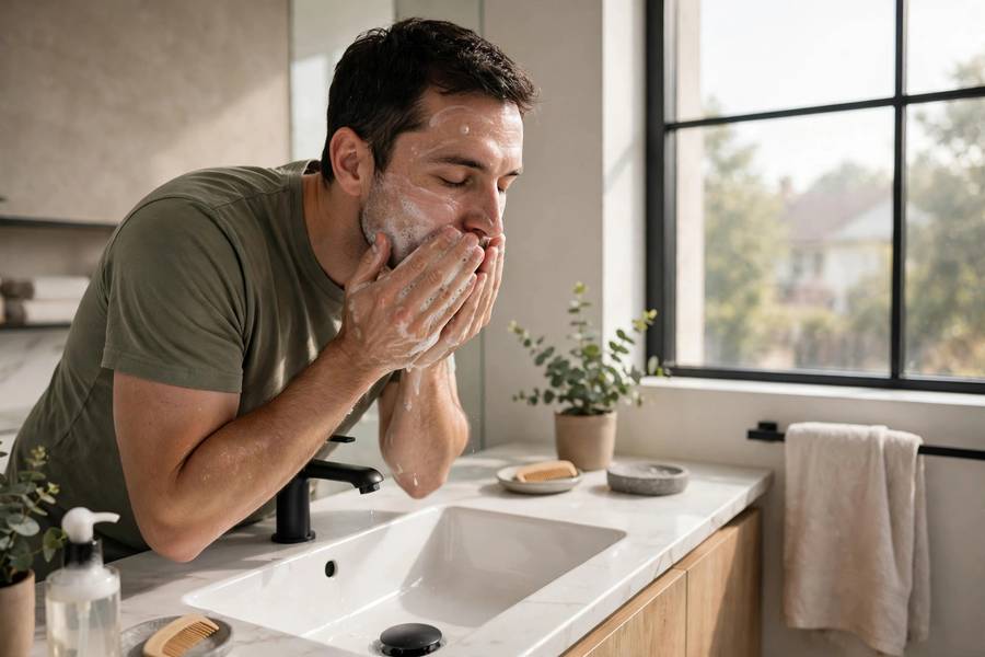 Man washing face with gentle cleanser in modern bathroom, morning light, photorealistic