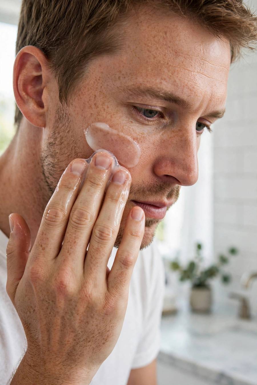 Man applying lightweight moisturizer gel to face, close-up, clean bathroom, photorealistic