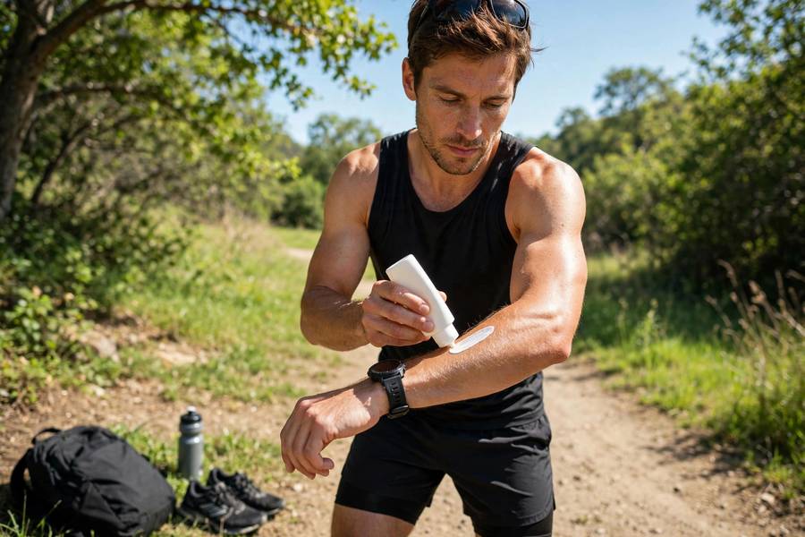 Man applying sunscreen outdoors before sports, athletic setting, sunny day, photorealistic