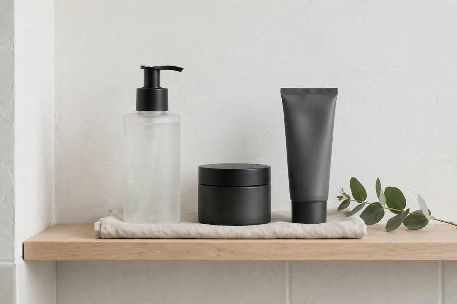 Minimal men's skincare products on bathroom shelf, cleanser moisturizer sunscreen, clean aesthetic, photorealistic