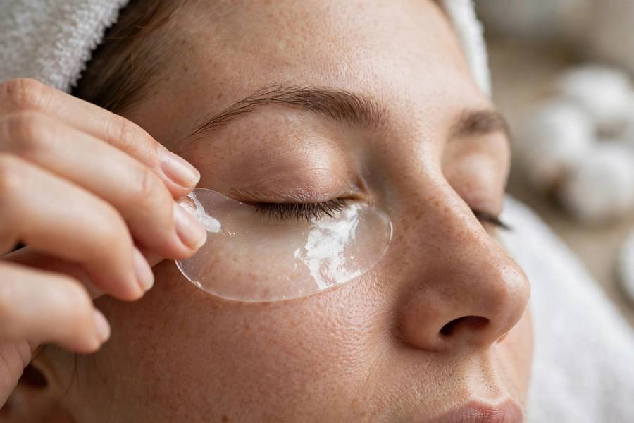 Close-up of under-eye patches being applied, beauty prep detail, soft lighting, photorealistic