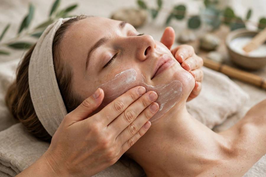 Hands massaging moisturizer into face with upward motions, facial massage technique, spa-like, photorealistic