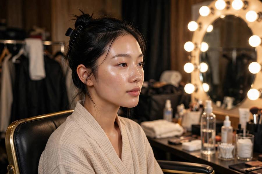 Model with glowing prepped skin sitting in makeup chair, backstage beauty setup, photorealistic