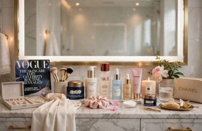 Luxury vanity with skincare products representing a celebrity skincare routine