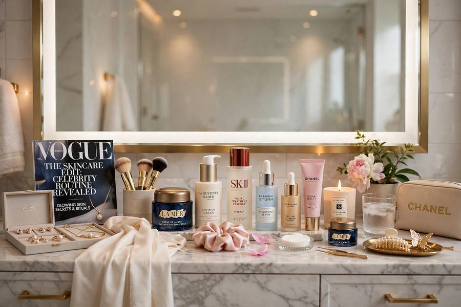 Luxury vanity with skincare products representing a celebrity skincare routine